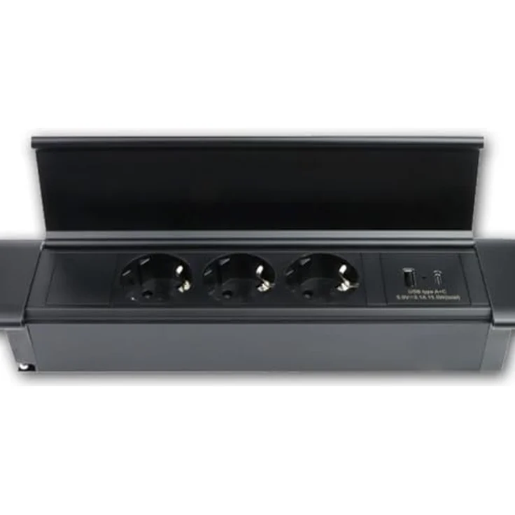 world-trading-net FLATBOX Tisch-Einbausteckdose 3-Fach mit USB-A & USB-C, flach, Aluminium/Kunststoff, 230V, 3600W, 1,8m Kabel, IP20 für Schreibtisch und Arbeitsplatte – Bild 3