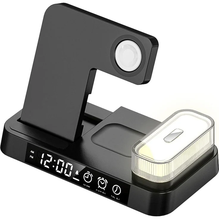 Lobwerk 5in1 Qi Wireless Charger Ladestation mit Digitaluhr und Nachtlicht, kabelloses Schnellladen, RGB Licht