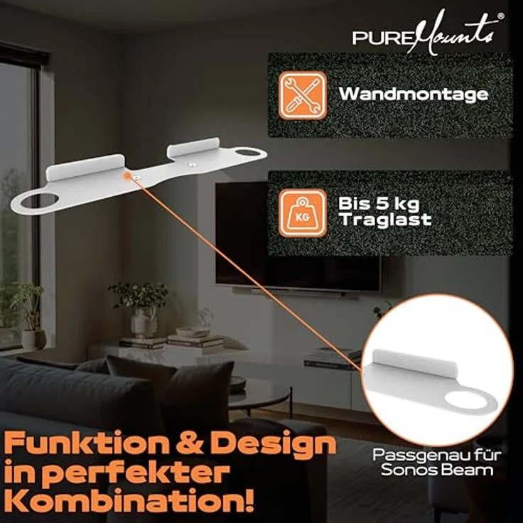 PureMounts PM-SOM-091 Wandhalterung kompatibel mit SONOS BEAM Soundbar, Traglast: 5kg, weiß – Bild 3