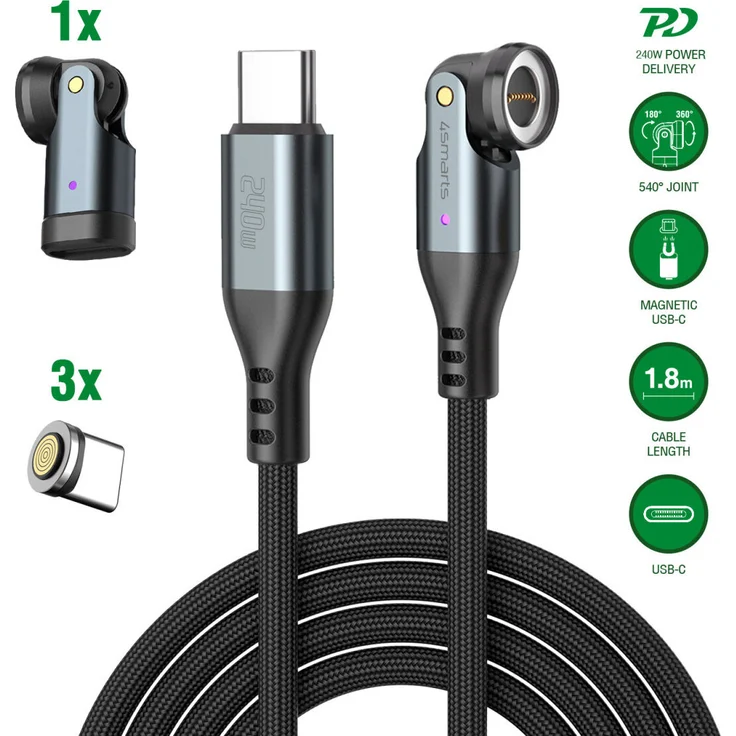 4smarts GravityCord 540° USB-C Magnetkabel-Set, 240W, 1.8m, schwarz/grau, hüllenfreundliche Steckverbinder, integrierte Lade-LED
