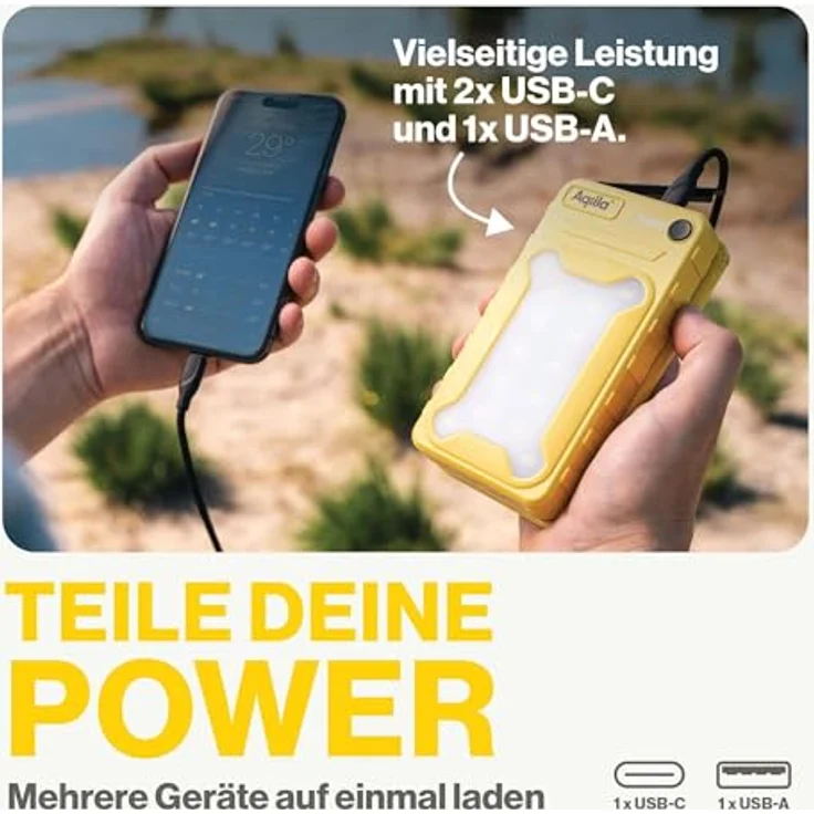 Aqiila Solar Powerbank Powerbird BS10, 20 W, 10.000mAh, USB-A, USB-C, gelb - Solar Powerbank mit 10.000mAh, 20W Power Delivery (PD) Technologie und IP54-Zertifizierung – Bild 5