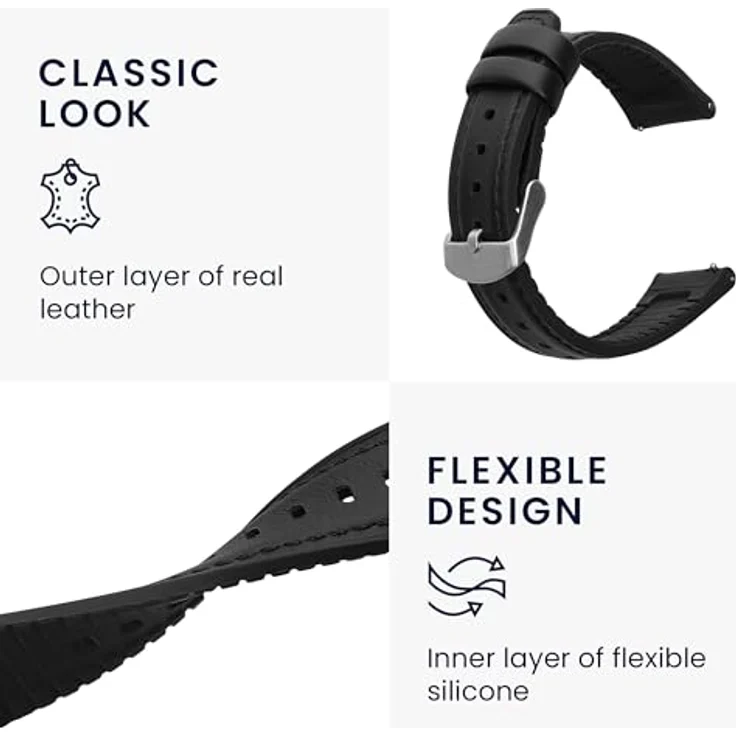 kwmobile Leder Uhrenarmband für Huawei Watch GT / GT2 / GT3 (46mm), Ersatzarmband mit Uhrenverschluss, flexiblem Silikon Kern und edlem Echtleder, Schwarz – Bild 3