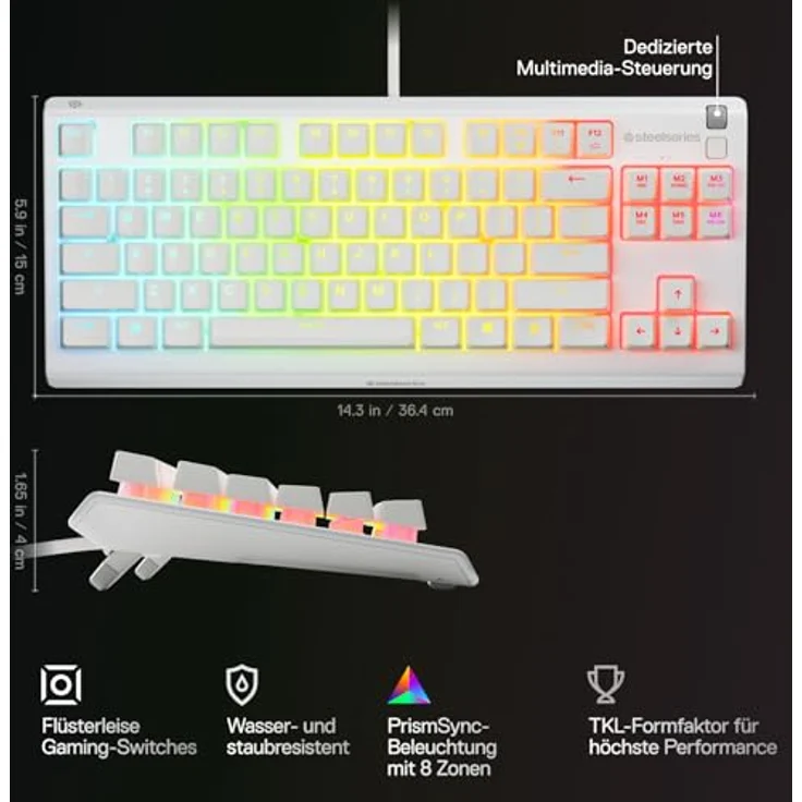 SteelSeries Apex 3 TKL White, RGB Gaming-Tastatur mit 8-Zonen-Beleuchtung, wasser- und staubresistent, flüsterleise Gaming-Switches, US Layout QWERTY – Bild 3