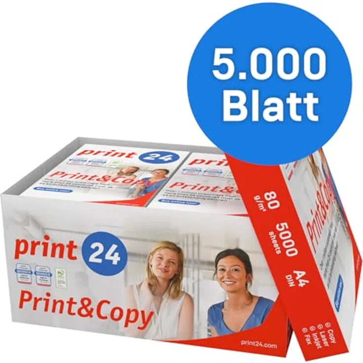 print24 Druckerpapier Kopierpapier 5000 Blatt 10 x 500 A4 80g Premium Weiß Testsieger PEFC