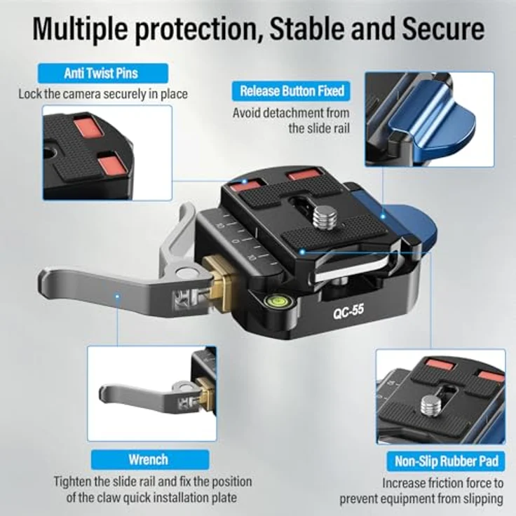 SIRUI QC-55, 55mm Schnellwechselplatte für Arca Swiss, Kamerahalterungsadapter mit 1/4" und 3/8" Gewinde, leichtes Aluminium-Design, integrierte Wasserwaage und Gummimatte – Bild 2