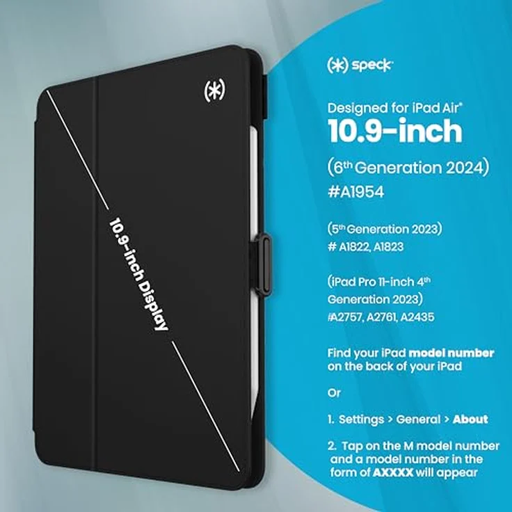 Speck iPad Air 11 Hülle, Balance Folio mit Stifthalter und Kameraschutz, Schwarz/Schwarz/Weiß – Bild 3