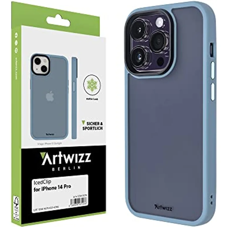 Artwizz IcedClip Hülle kompatibel mit iPhone 14 Pro - Mattes Vereistes Design, Rückseite mit Soft-Touch-Beschichtung, Stoßfeste Schutzhülle, Nordic-Blue