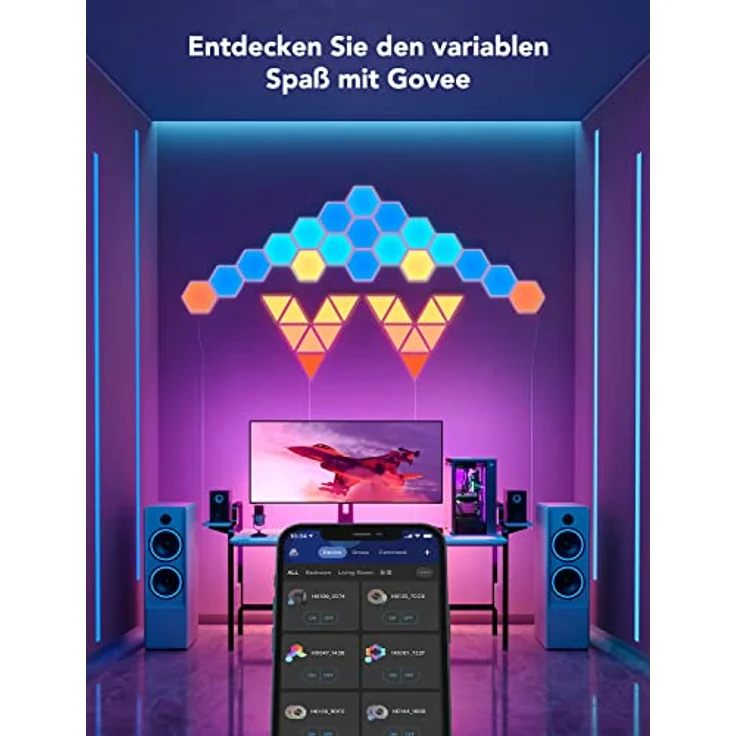 Govee Glide Hexa LED Panels, 10 RGBIC Smart Wandleuchte Innen funktioniert mit Alexa und Google Assistant, Kreative dekorative Wi-Fi Hexagon LED Light Panels Musik Sync für zimmer & Gaming Deko – Bild 5