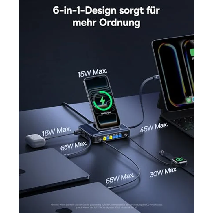 Baseus USB C Ladegerät Nomos 245W PD mit PPS, 5-in-1 Schnellladegerät für MacBook Pro/Air, iPad Pro, iPhone 16-12, Galaxy S24 Ultra, inkl. 15W MagSafe, einziehbarem USB-C-Kabel und LCD Display – Bild 3