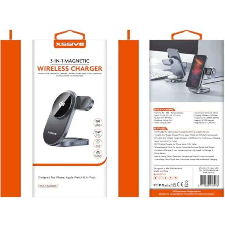 Xssive XSS-STAND14, 3in1 Magnetisches Wireless Ladegerät für iPhone, Apple Watch und AirPods, 15W Schnellladung, Qi2-zertifiziert, ultraschlank und faltbar – Bild 2