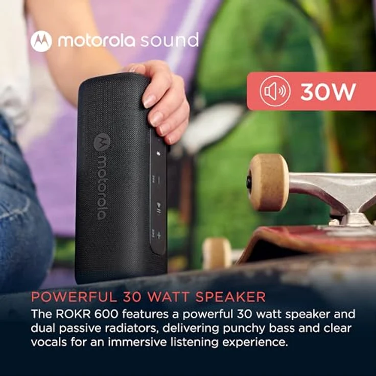 Motorola ROKR 600 Kabelloser Bluetooth-Lautsprecher, 30-W-Sound, Wasser- und staubdicht, für 20+ Lautsprecher, 6h Wiedergabe, Schwarz – Bild 3
