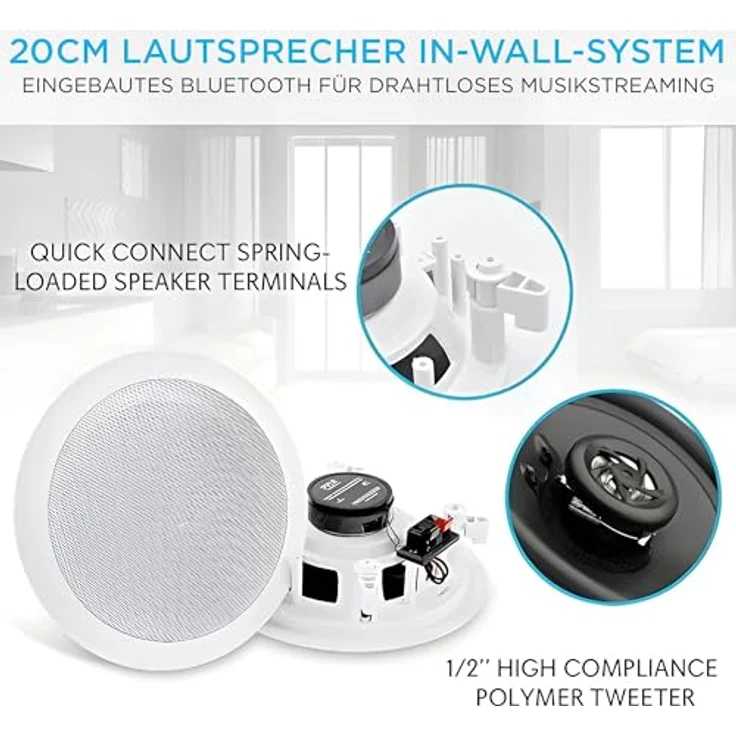 Pyle Paar 8" Bluetooth Unterputzmontage Lautsprechersystem, 2-Wege mit Polypropylen Kegel und Polymer Hochtöner, 250 Watt Stereo Sound – Bild 3