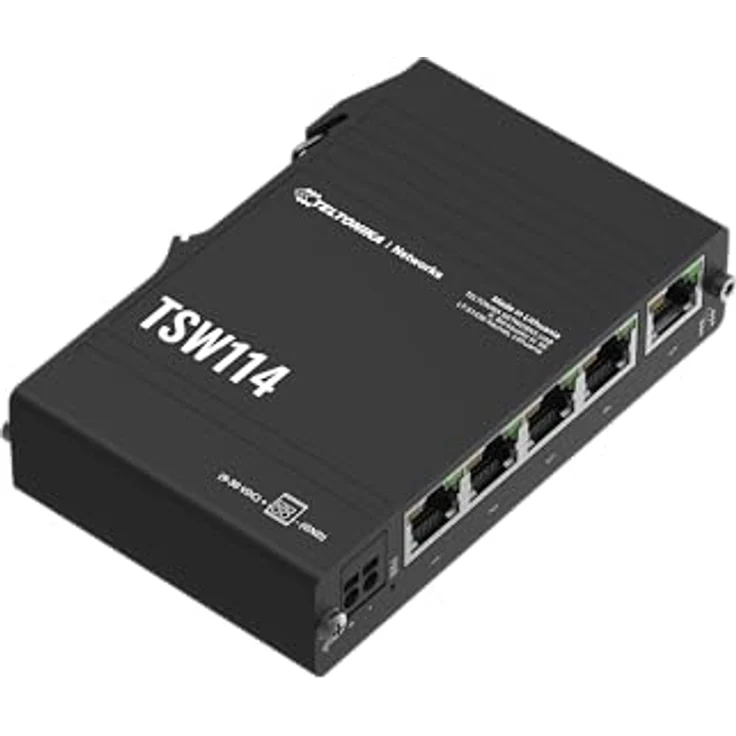 Teltonika TSW114 DIN-Schiene POE+ Switch 1 Gibabit Port 4 Gigabit POE+ Ports, Robustes Aluminiumgehäuse, 9-30 V Unterstützung, Schwarz – Bild 1