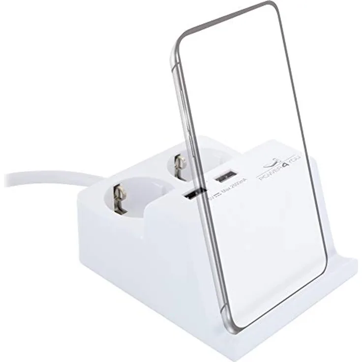 SCHWAIGER 661545 Tischsteckdose USB Ladeständer Steckdosenadapter Schuko Mehrfachstecker Ladestation Smartphone Halter 2 Schukostecker 2 USB-Anschlüsse 1,5m