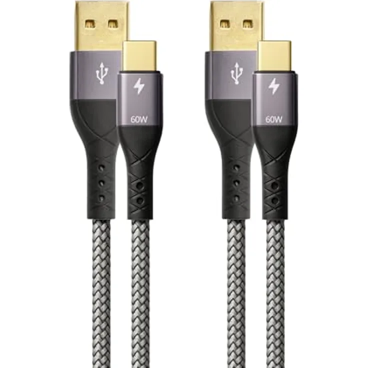 Profipatch USB A auf USB C Kabel 60W Quick Charge, 2x1m grau Textilmantel mit vergoldeten Kontakten