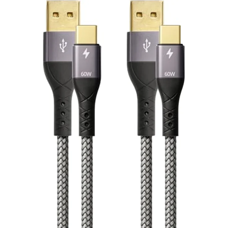 Profipatch USB A auf USB C Kabel 60W Quick Charge, 2x1m grau Textilmantel mit vergoldeten Kontakten – Bild 1