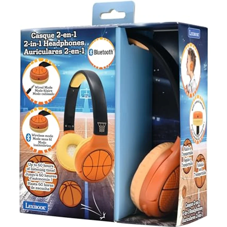 Lexibook Basketball 2-in-1 Bluetooth- und kabelgebundene Kopfhörer mit Mikrofon und Steuerungstaste, faltbar und verstellbar, wiederaufladbarer Langzeitakku, orange – Bild 5