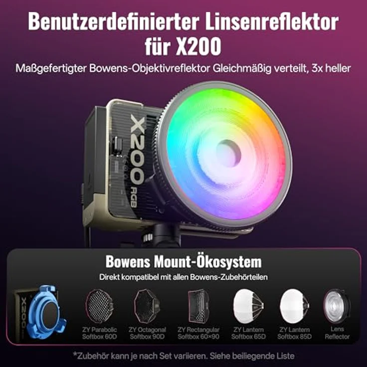 ZHIYUN MOLUS X200 RGB, 200W Videoleuchte mit Bowens-Mount, 2500K~10000K, CRI≥95, ultra-portabel, nur 830g für YouTube – Bild 5