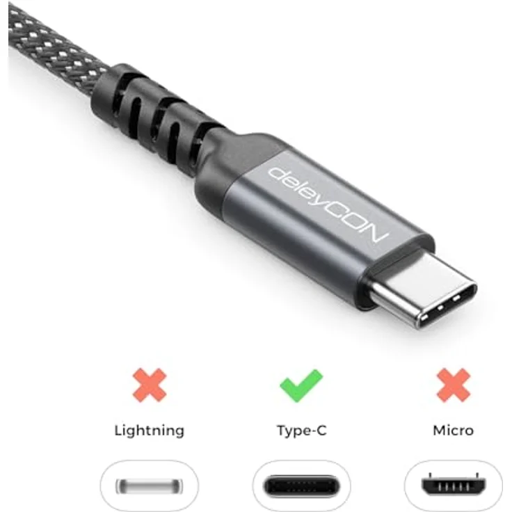 deleyCON 1,5m USB-A auf USB-C Kabel, 18W Schnellladefunktion bis zu 3A, Nylon Kabelmantel mit Knickschutz, für iPhone 17/16 Pro Max, Galaxy S23/S24, Pixel, iPad Pro, PS5 – Bild 4