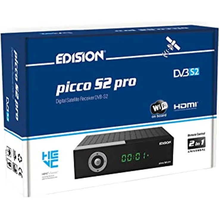 EDISION Picco S2 pro Full HD Satelliten Receiver DVB-S2 H.265 HEVC, WLAN on Board, Multistream, HDMI, SCART, SPDIF, USB, IR, Kartenleser, Universal 2in1 Fernbedieung