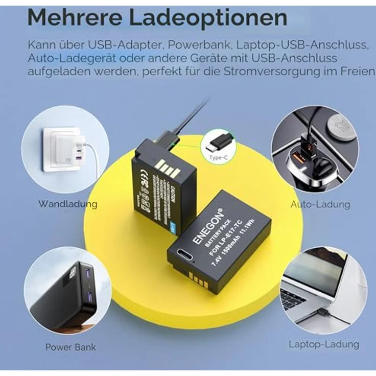 ENEGON LP-E17 Typ C Ladegerät, 2x 1500 mAh Akku für Canon Rebel SL2, T6i, T7i, EOS R10, R8, RP, M3, M5, M6, 200D, 250D, 77D, 750D, 800D, mit Schutzfunktionen – Bild 4