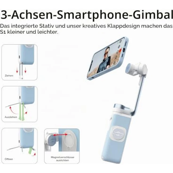 PowerVision S1 Gimbal, 3-Achsen Smartphone-Stabilisator mit eingebautem Stativ, kabelloser Powerbank und AI Tracking für Vlogging und TikTok, Schwarz – Bild 4