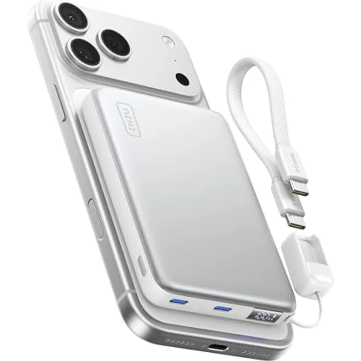 INIU 10000mAh Qi2 25W Power Bank, Dünnste Kabellose & Ultraschnelle Ladegerät mit 45W USB C, Magnetisches Laden, LED Anzeige, Flugsicher für iPhone 17-12 Serie, Weiß