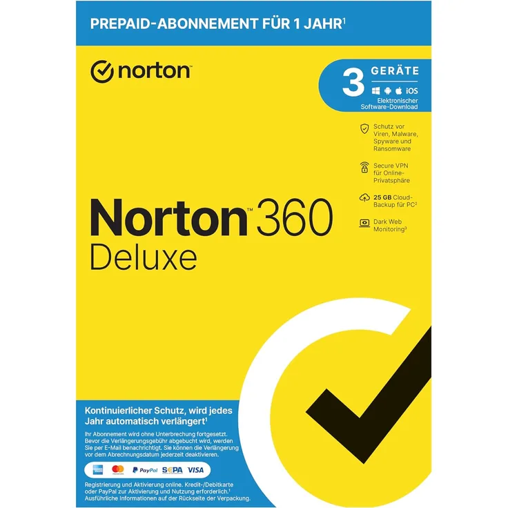 NORTON 360 DELUXE Lizenz für 3-Geräte 1-Jahr inkl. 25GB Cloud-Speicher - Code per 2022