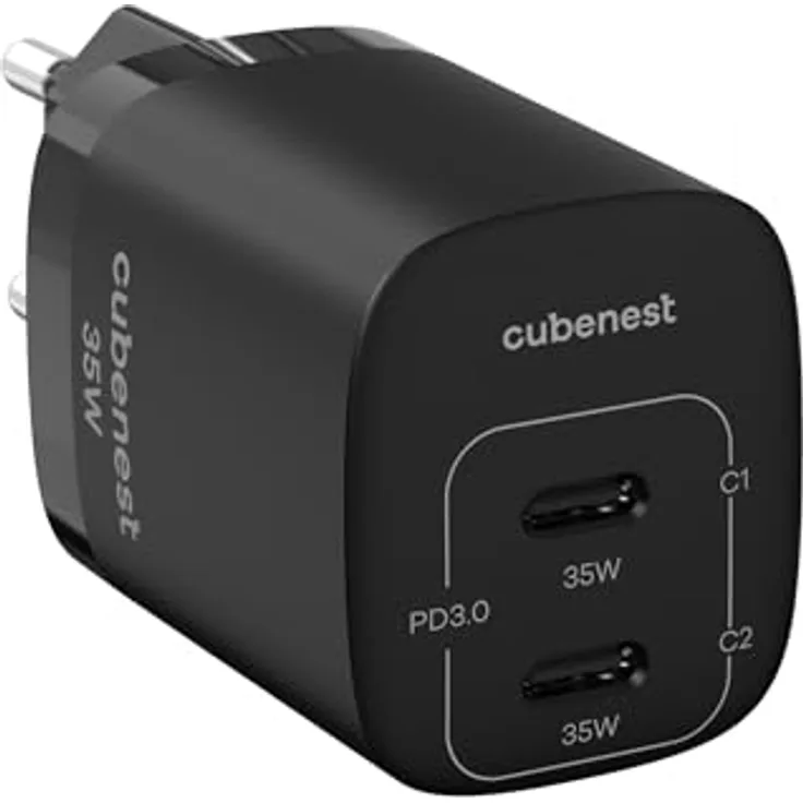 CubeNest PD Adapter 35W S2D1 USB Ladegerät mit 2X USB C | GaN-Technologie, Schnellladen, Kompaktes Design | CNS2D1, Schwarz