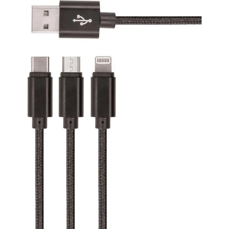Setty KN3W1 3-in-1 USB-Kabel, USB Typ A • USB-C • Micro-USB, 100 cm, Nylonummantelung, schwarz
