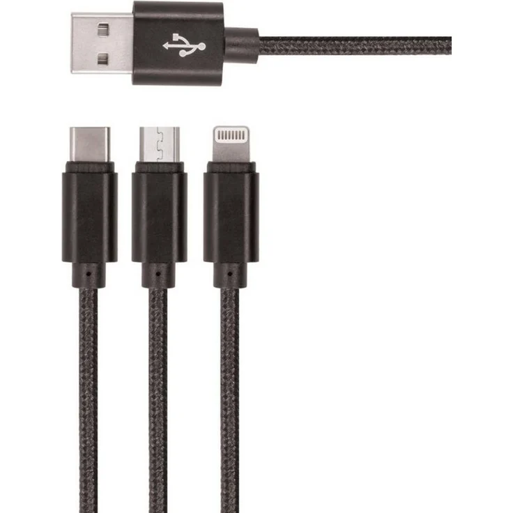 Setty KN3W1 3-in-1 USB-Kabel, USB Typ A • USB-C • Micro-USB, 100 cm, Nylonummantelung, schwarz