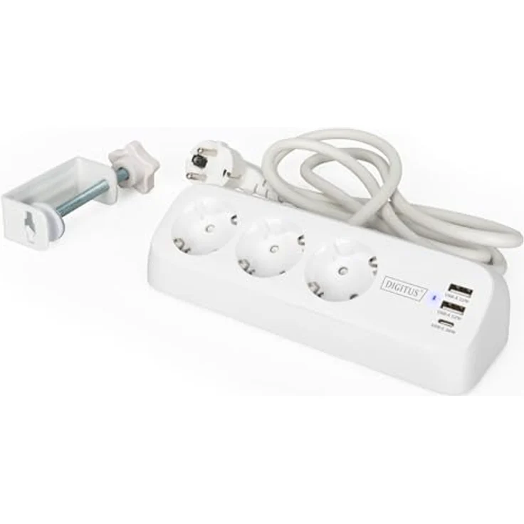 Digitus DA-70626 Tischsteckdose Weiß, 3 Schutzkontakt-Steckdosen mit 3 USB-Ladeanschlüssen und 1,5m Netzzuleitung – Bild 6