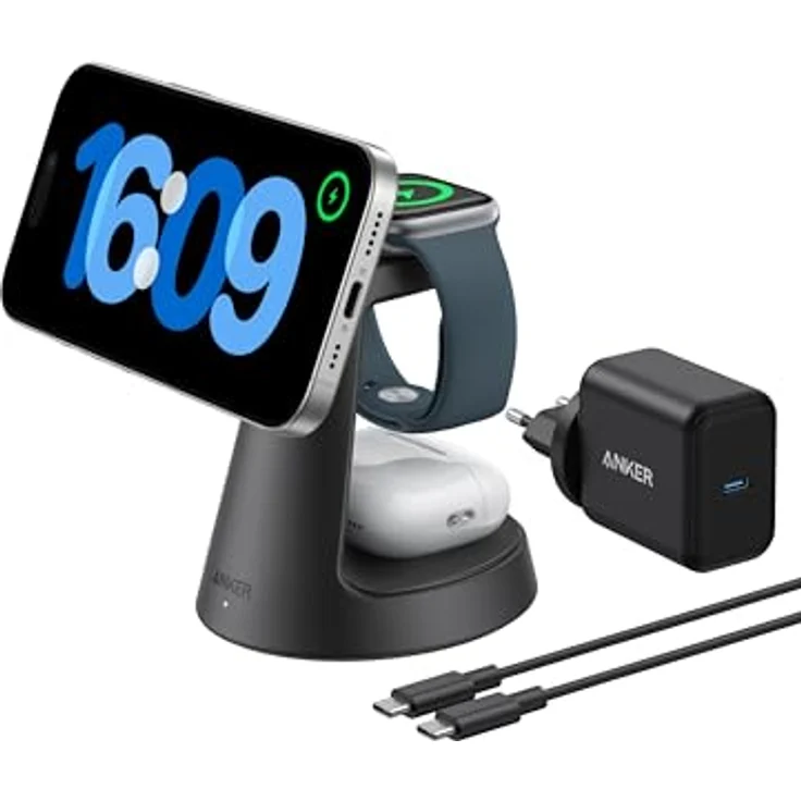 Anker MagGo 3-in-1 15W MagSafe kompatibles Ladegerät, iPhone Induktive Ladestation, Qi2-zertifiziert Wireless Charger für iPhone 16/15/14/13/12, Apple Watch, AirPods Pro (Adapter inkl.) – Bild 2
