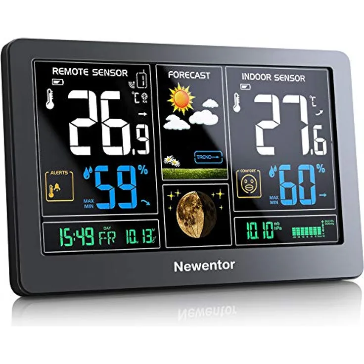 Newentor Wetterstation Funk mit Außensensor - Funkwetterstation mit Wettervorhersage, Temperaturwarnung, DCF Funkuhr - Batteriebetrieb und Netzbetrieb, Schwarz