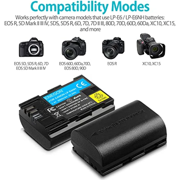 ENEGON LP-E6NH Li-Ion-Akku, 3000 mAh, Ersatzakku für Canon EOS R, R5C, 5D Mark II-IV, 5DS, 6D, 7D, 80D, 70D, XC10, XC15 – Bild 3