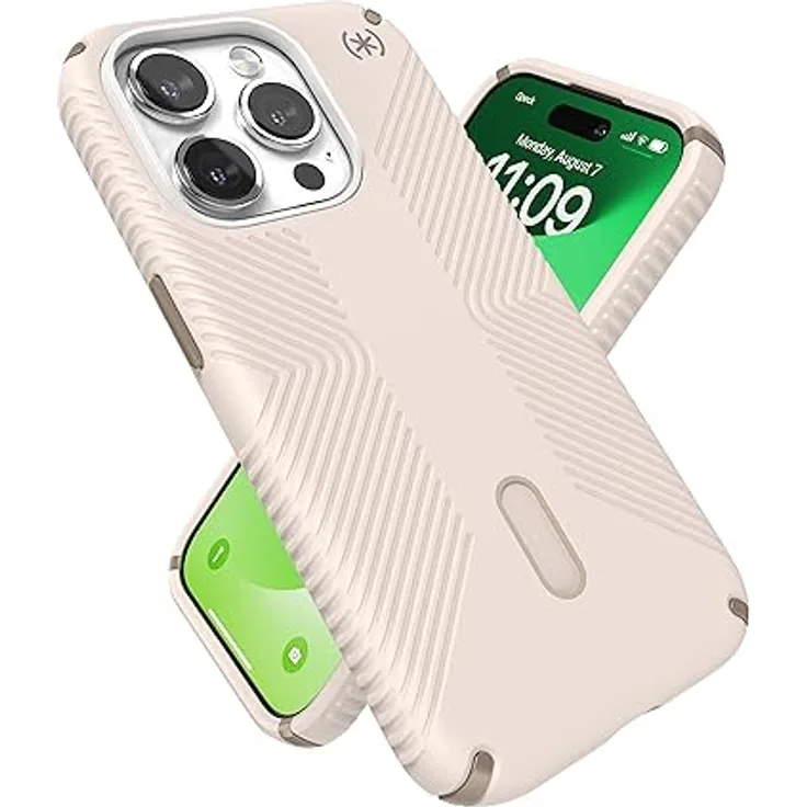Speck iPhone 15 Pro Hülle Presidio2 Grip – ClickLock, rutschfest, MagSafe-kompatibel, Fallschutzgriff, Soft Touch, 6,1 Zoll, Bleached Bone/Erbstück Gold/Haselnussbraun