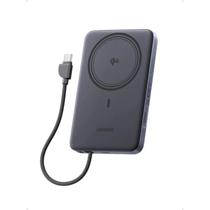 UGREEN MagFlow Air Power Bank, Ultra Slim 10000mAh Magsafe Powerbank mit 15W Qi2, PD 30W Schnellladung, integriertes Kabel, ergonomisches Design, Grau