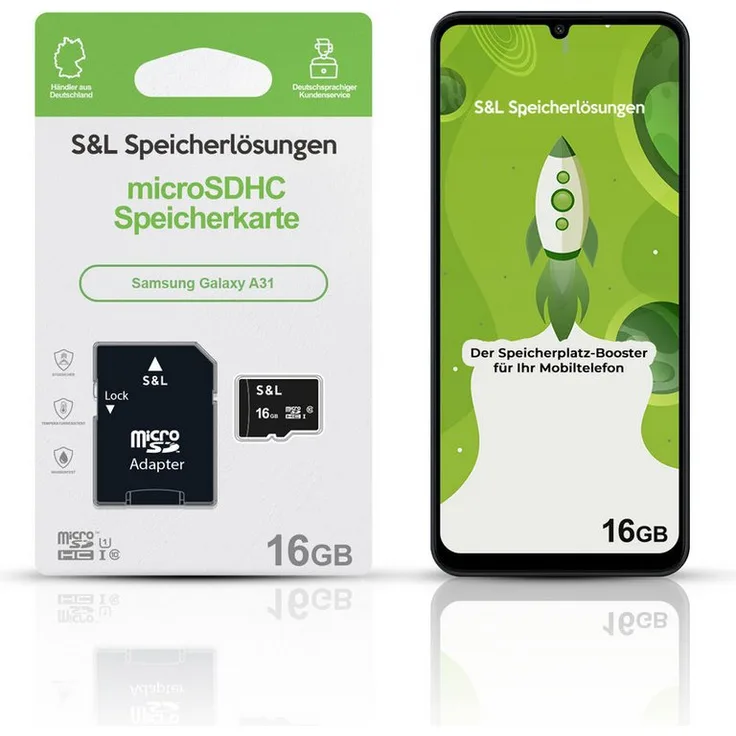 Tec-Expert microSD Karte S&L für Samsung Galaxy A31, 16 GB, Class 10, microSDHC, stoßfest und wasserdicht