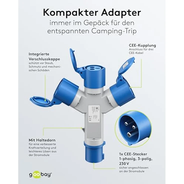 goobay CEE-Adapter 76237, CEE-Stecker auf 3 x CEE-Buchse, wasserdicht IP44, tragbar mit Schutzabdeckung für Wohnwagen und Wohnmobile – Bild 4