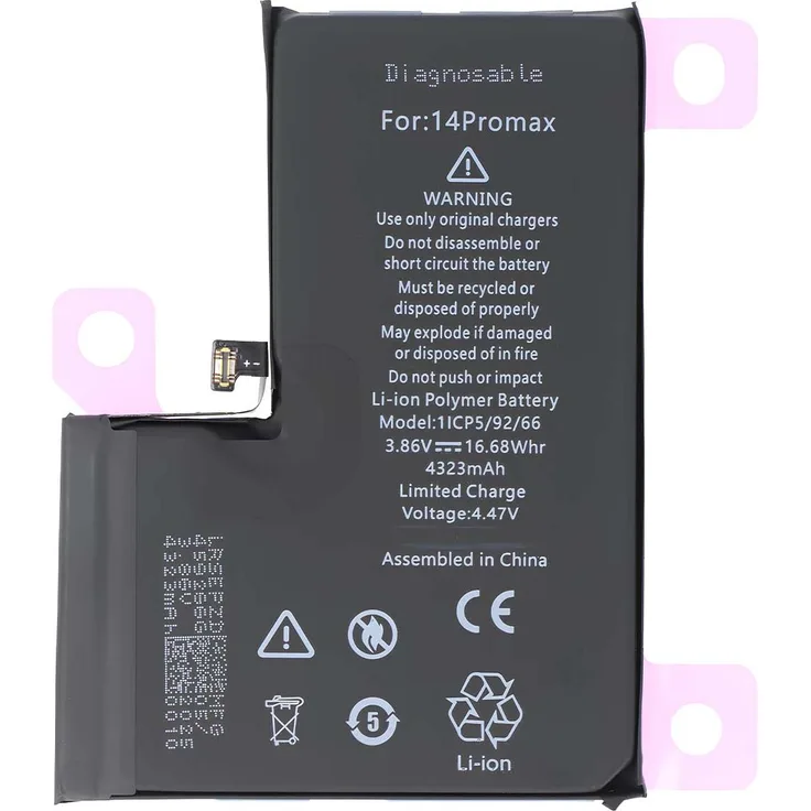 Avizar Diagnose-Akku für iPhone 14 Pro Max, 3,86V 4323mAh, Schwarz