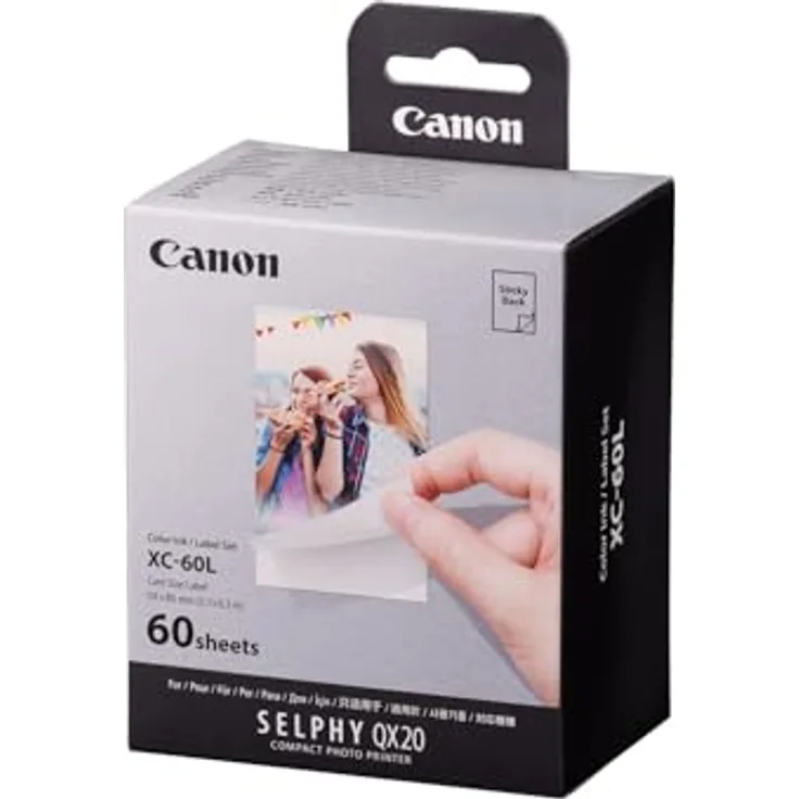 Canon XS-60L Original Farbband/Papierset quadratisch für Canon SELPHY Square QX20 Fotodrucker (60 Blatt, selbstklebend, Kleberückseite, Papierformat, Thermosublimation)