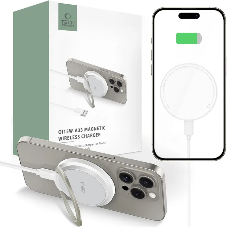 Tech-Protect Qi15W-A33, Magnetisches Magsafe Kabelloses Ladegerät, 15W Schnellladung, Weiß, integriertes USB-C Kabel
