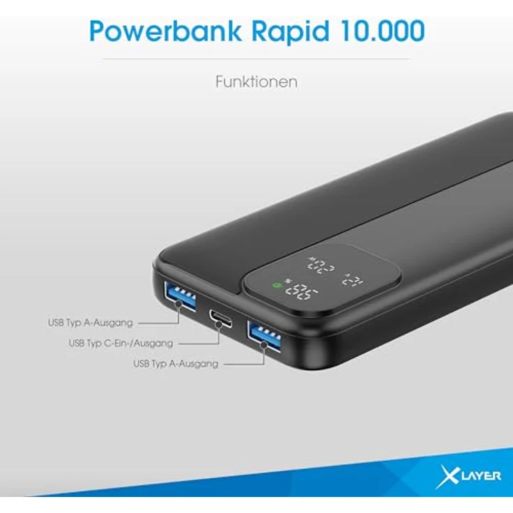 XLayer Rapid Power Bank 10.000mAh, Schnellladegerät mit USB C Input, universell kompatibel für iPhone 16/15/14/13/12 Pro Max, Samsung S25/S24, iPad, Xiaomi – Bild 3