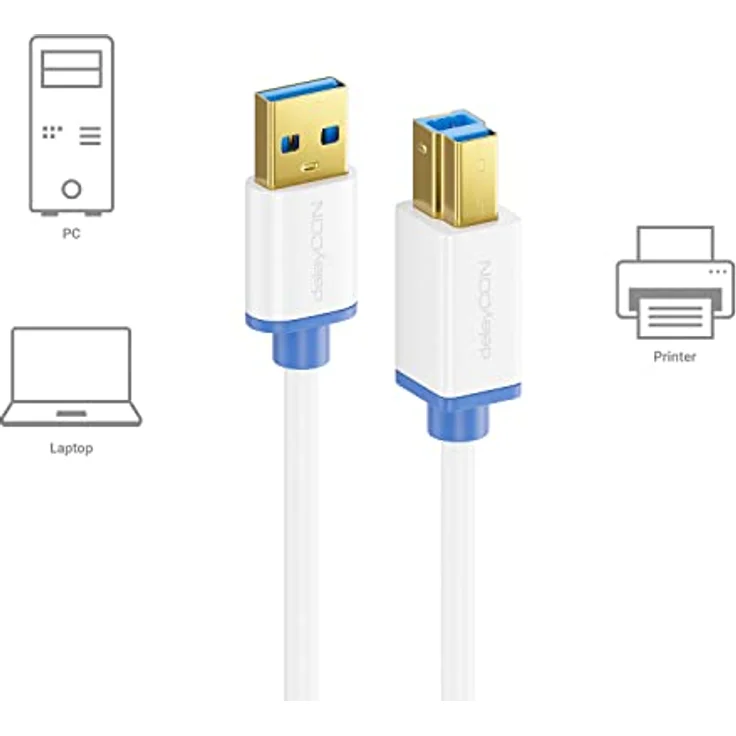 deleyCON 5m USB 3.0 Super Speed Kabel, USB A-Stecker zu USB B-Stecker, Datenübertragung bis zu 5 Gbit/s, Weiß – Bild 5