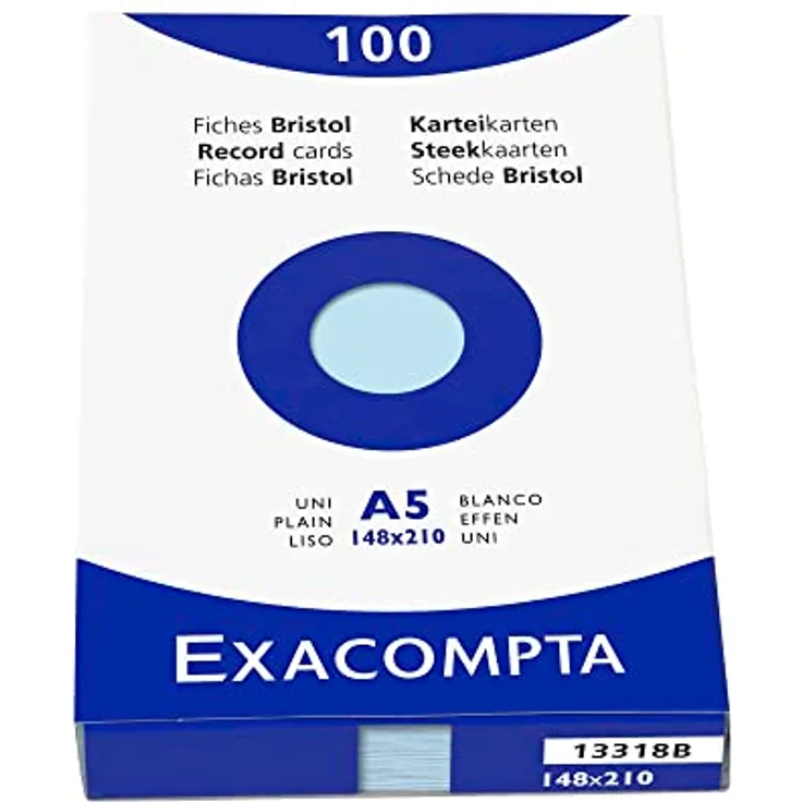 Exacompta 13318B, Packung mit 100 blauen Karteikarten, DIN A5, blanco, ideal für Notizen