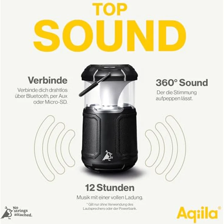 Aqiila Soundbird B10 Outdoor Laterne, Bluetooth-Lautsprecher und Powerbank, 2x10W, 360° RGB LED Lampe, 10000mAh Akku, IPX5 wasserdicht, Schwarz – Bild 4