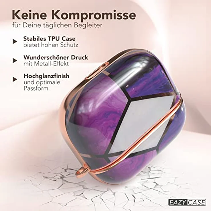 EAZY CASE AirPods 3 Schutzhülle, violett Marmor Hard Case mit Karabiner, stoßfest und antikratz, rutschfest, kabelloses Laden unterstützt – Bild 4