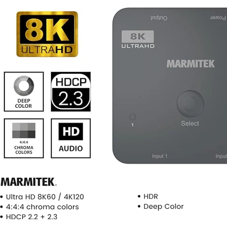 Marmitek 4K120 HDMI Switch 8K Connect 720 - HDMI 2.1 Switch - 4K 120Hz - HDR - 2 EIN / 1 aus - HDMI Schalter - 48Gbps - VRR - ALLM - QFT - QMS - Dolby Digital - Automatische Umschaltung, Schwarz – Bild 3
