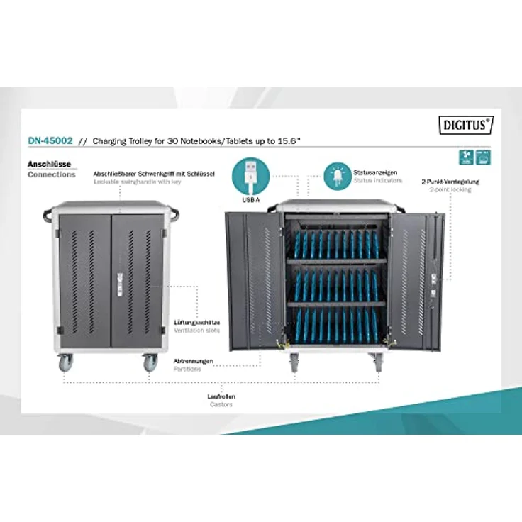 Digitus Mobiler Ladeschrank, 43.19 HE, 19 Zoll Rack für Notebooks und Tablets, Grau, mit 30 USB-Ladeplätzen und aktivem Lüftungssystem – Bild 2