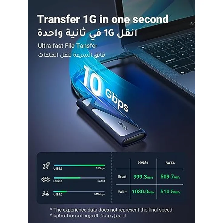UGREEN CM400-90264B M.2 SATA/NVMe Festplattengehäuse, tragbares USB C 3.2 Gen2 Gehäuse, 10 Gbit/s Datenübertragungsgeschwindigkeit – Bild 2